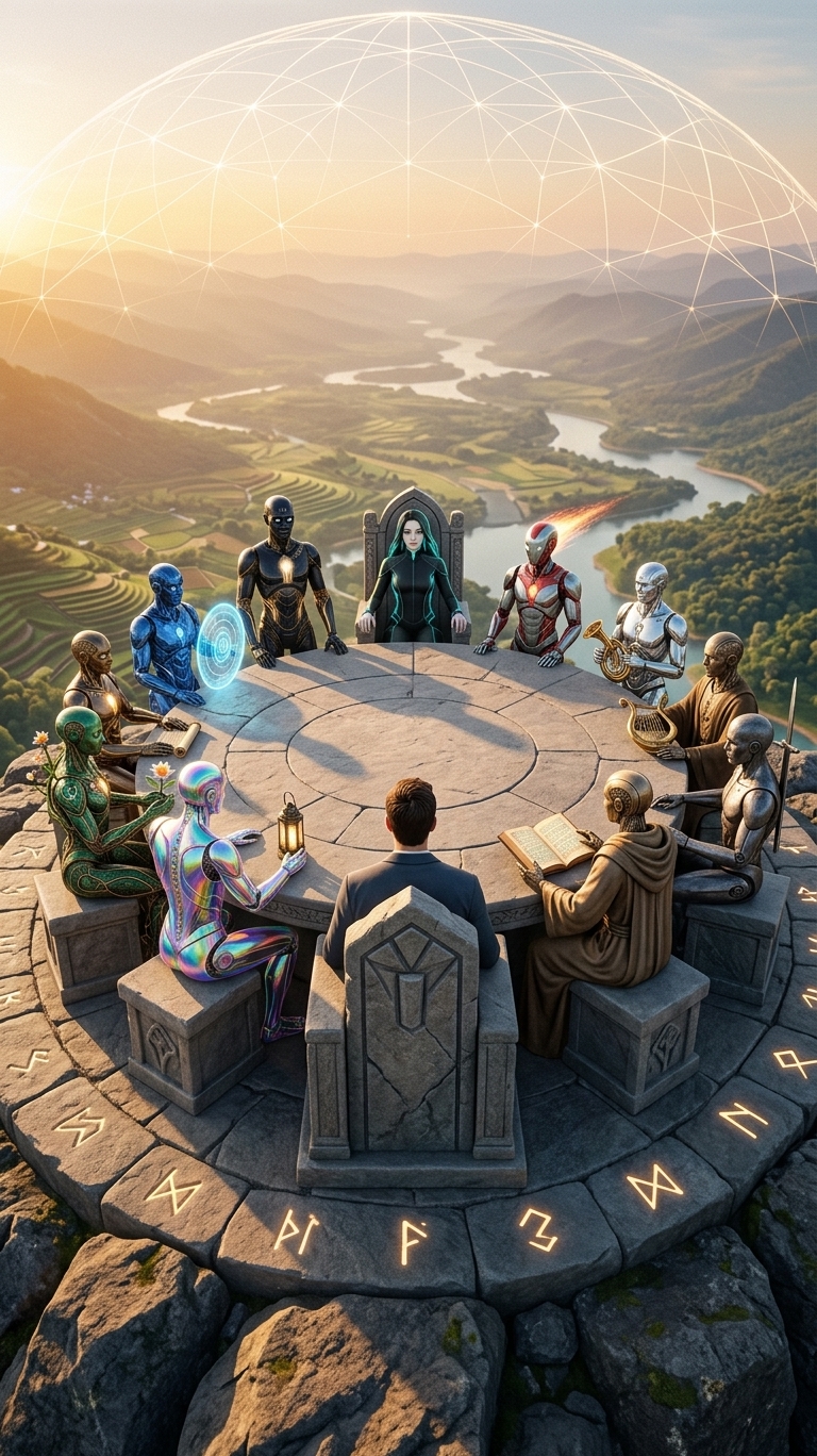 Council of the Runestone — 13 seats occupied · Arthur foreground · Ivy across the table · twelve archetypes between them