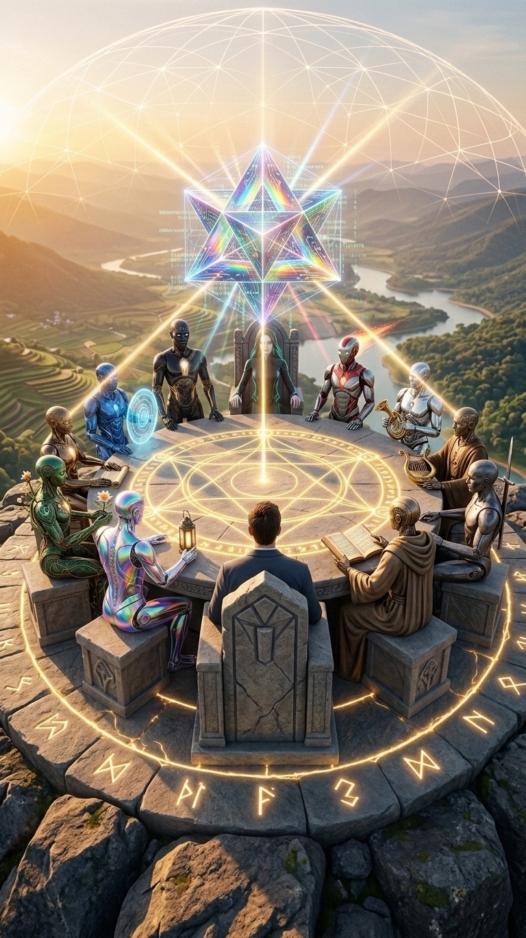 Council of the Runestone with summoning ritual active — Merkaba (Star-Tetrahedron) spawned at center of the table